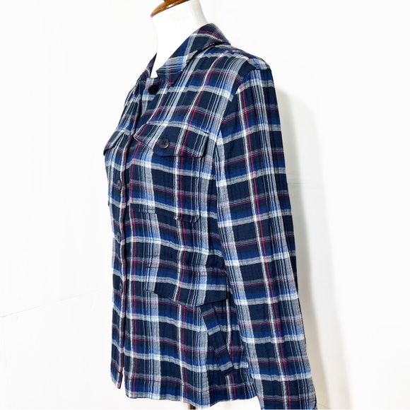 Sanctuary Navy Blue Plaid Tie Waist Long Sleeve Buttondown Shacket Jacket Top S - Picture 4 of 10